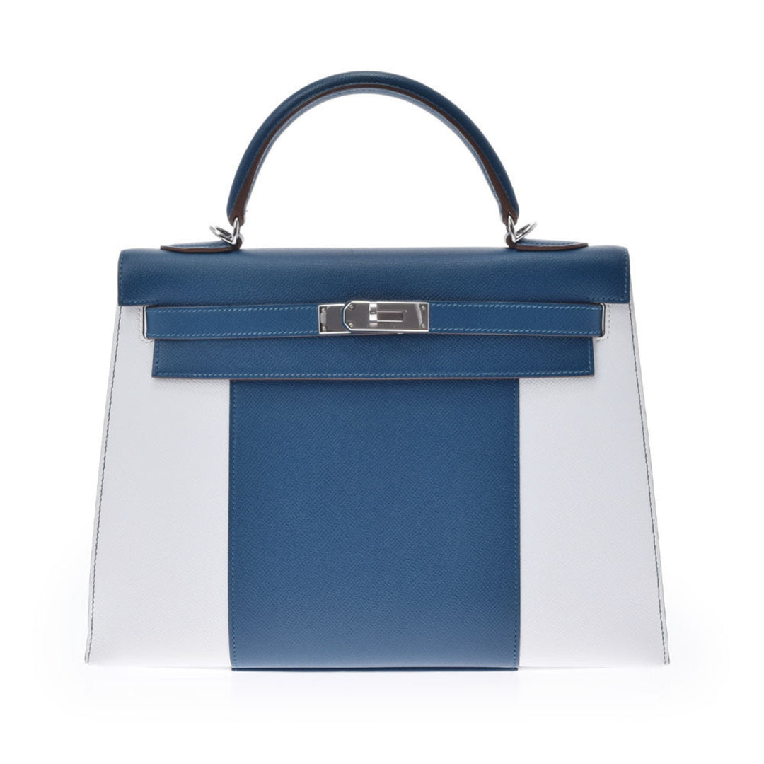 Hermes Kelly Flag 32 bag outer stitch blue Thalasso white palladium metal fittings Q engraved (around 2013) Ladies Vaux Epson handbag