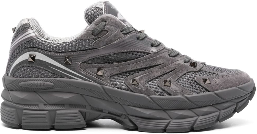 GREY CANVAS, CALF LEATHER ROCKSTUD SNEAKERS.