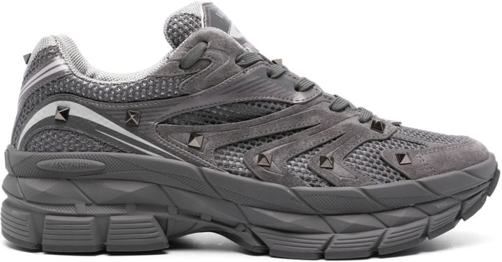 GREY CANVAS, CALF LEATHER ROCKSTUD SNEAKERS.