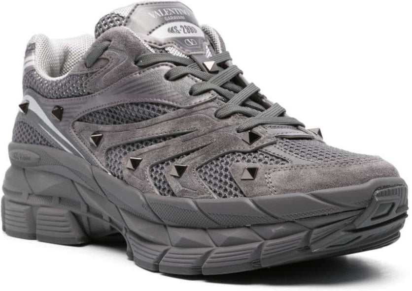 GREY CANVAS, CALF LEATHER ROCKSTUD SNEAKERS.