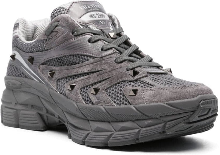 GREY CANVAS, CALF LEATHER ROCKSTUD SNEAKERS.