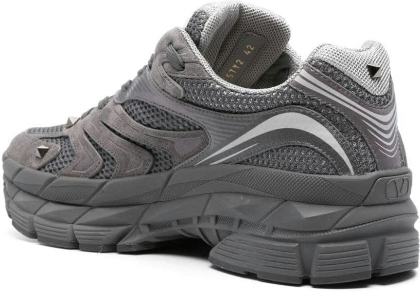 GREY CANVAS, CALF LEATHER ROCKSTUD SNEAKERS.