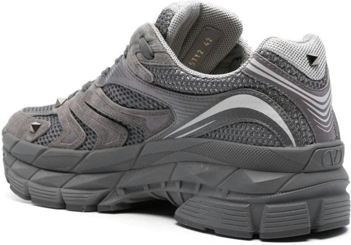 GREY CANVAS, CALF LEATHER ROCKSTUD SNEAKERS.