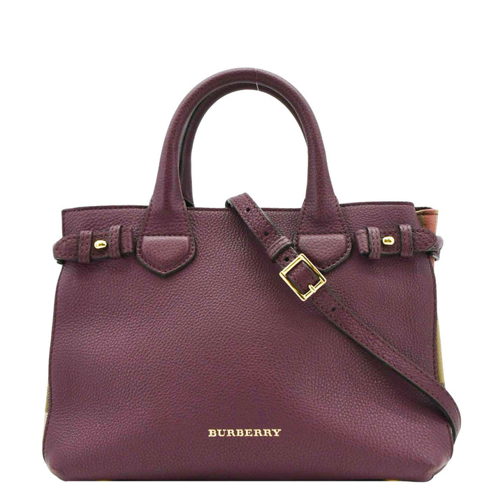 Burberry Banner Small House Check Leather Tote Shoulder Bag Maroon