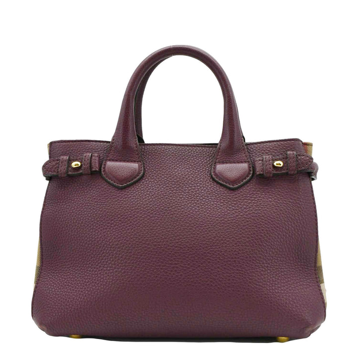 Burberry Banner Small House Check Leather Tote Shoulder Bag Maroon