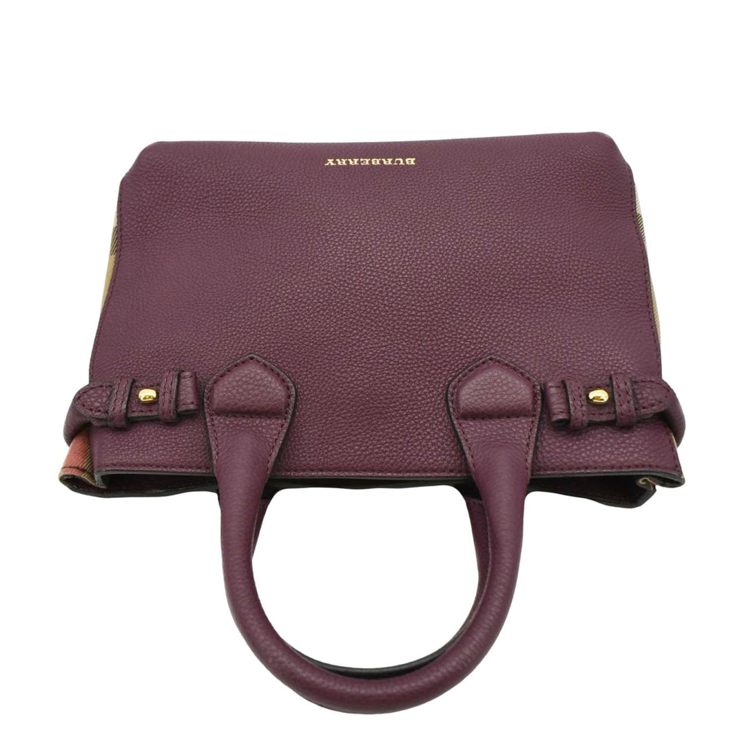 Burberry Banner Small House Check Leather Tote Shoulder Bag Maroon