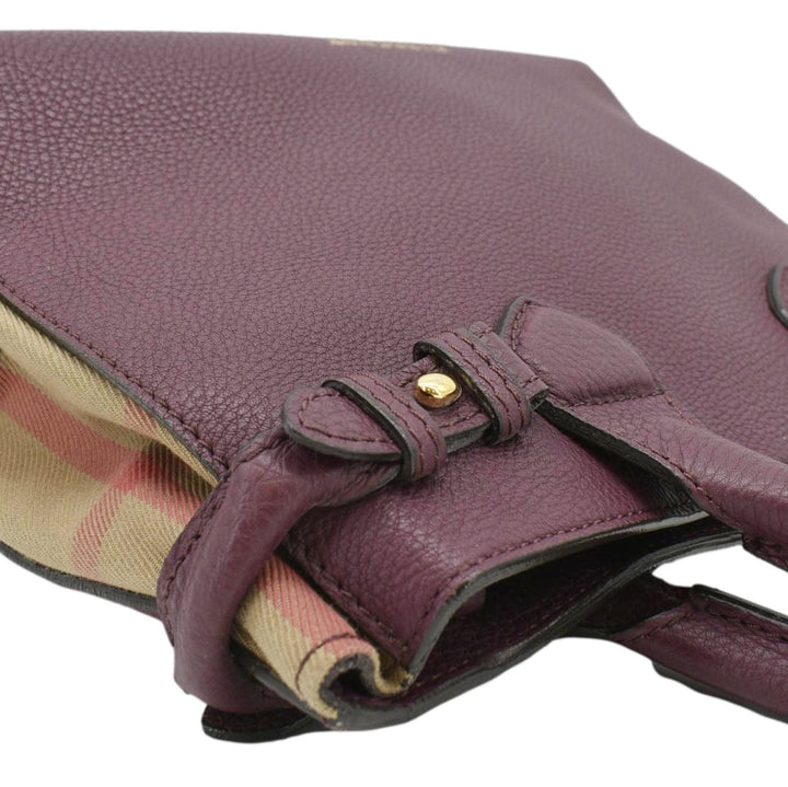 Burberry Banner Small House Check Leather Tote Shoulder Bag Maroon