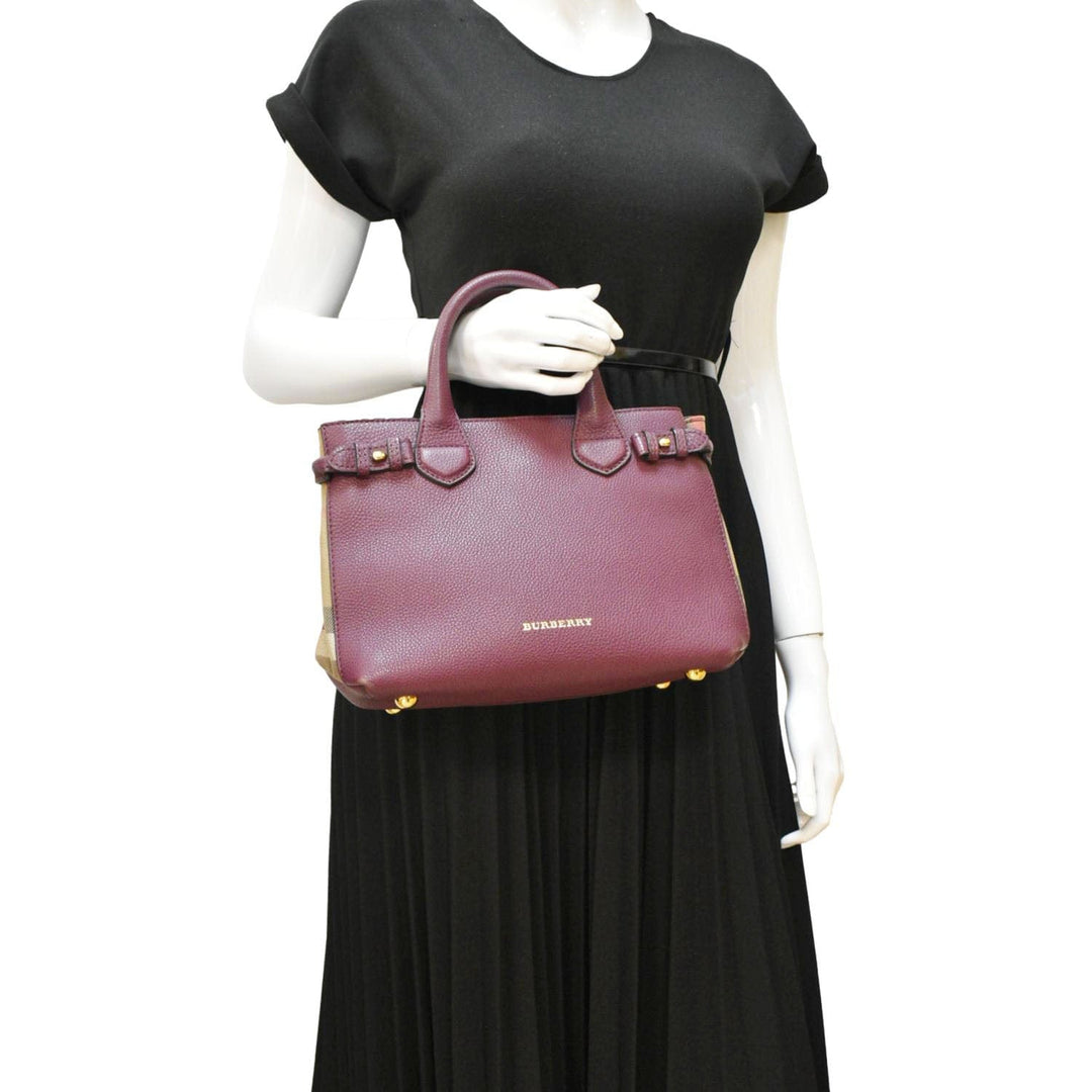 Burberry Banner Small House Check Leather Tote Shoulder Bag Maroon
