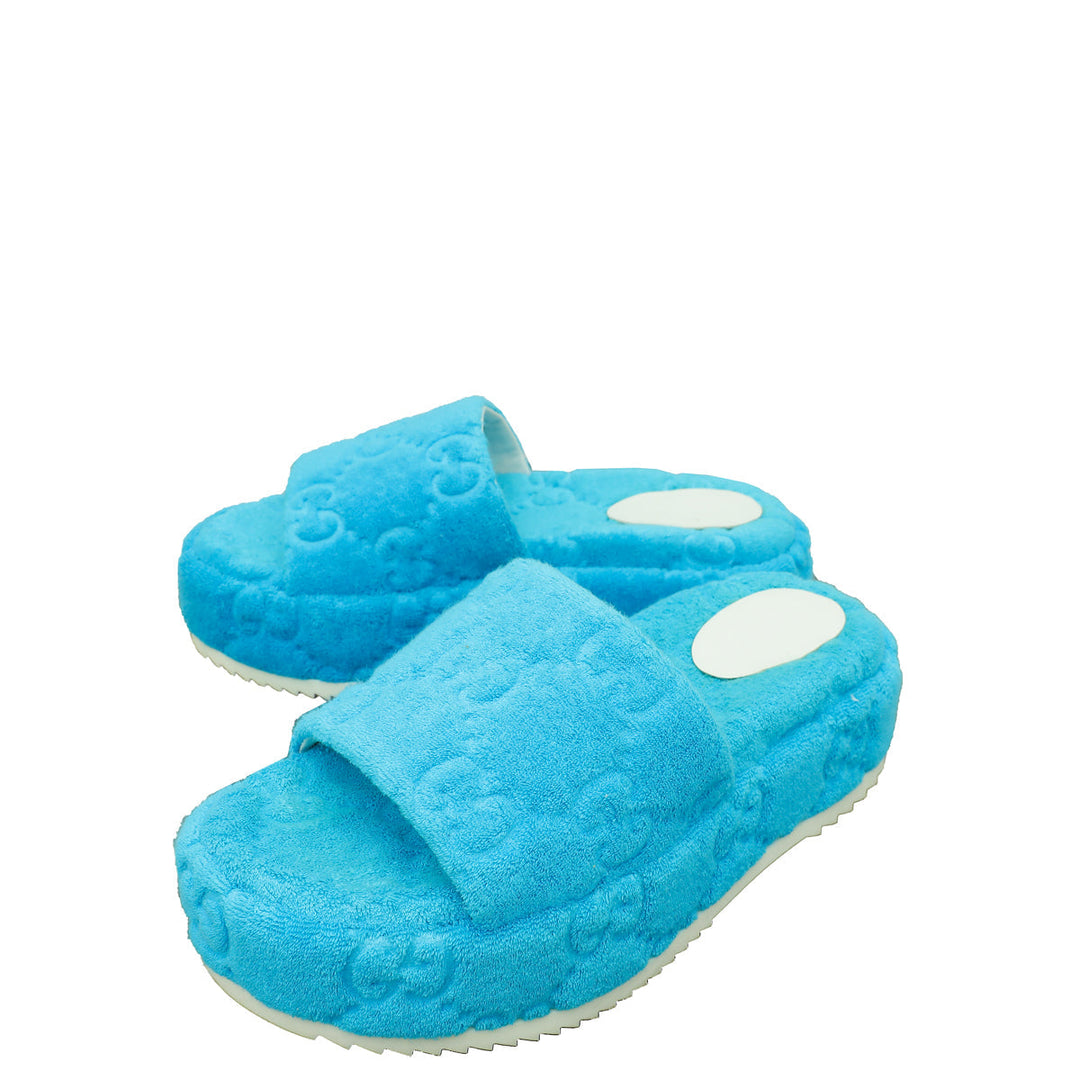 Gucci Sky Blue GG Terry Platform Slides 36.5