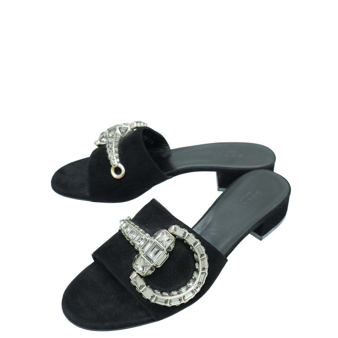 Gucci Black Suede Maxime Crystal Horsebit Slide Sandals 37.5