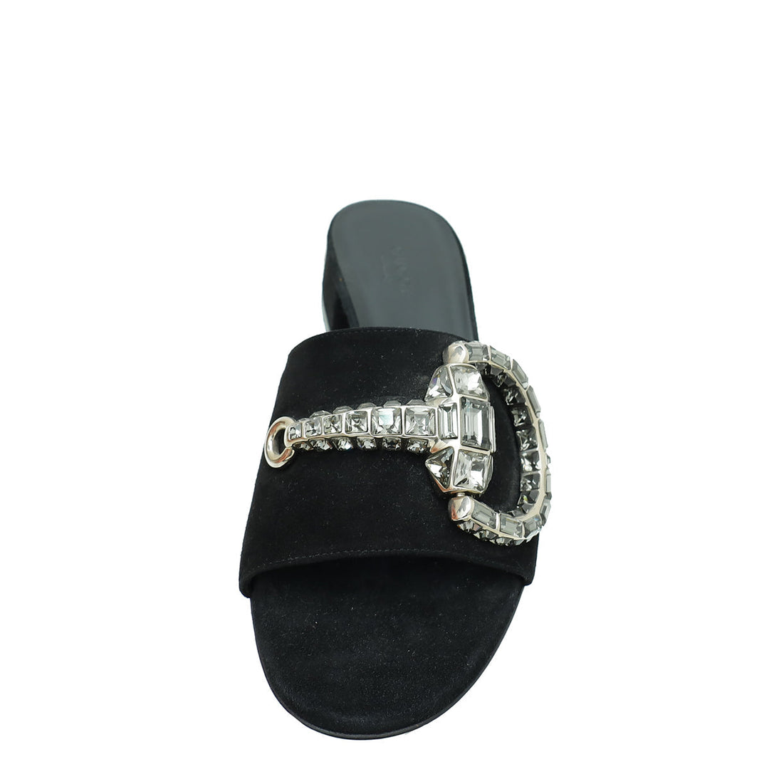 Gucci Black Suede Maxime Crystal Horsebit Slide Sandals 37.5