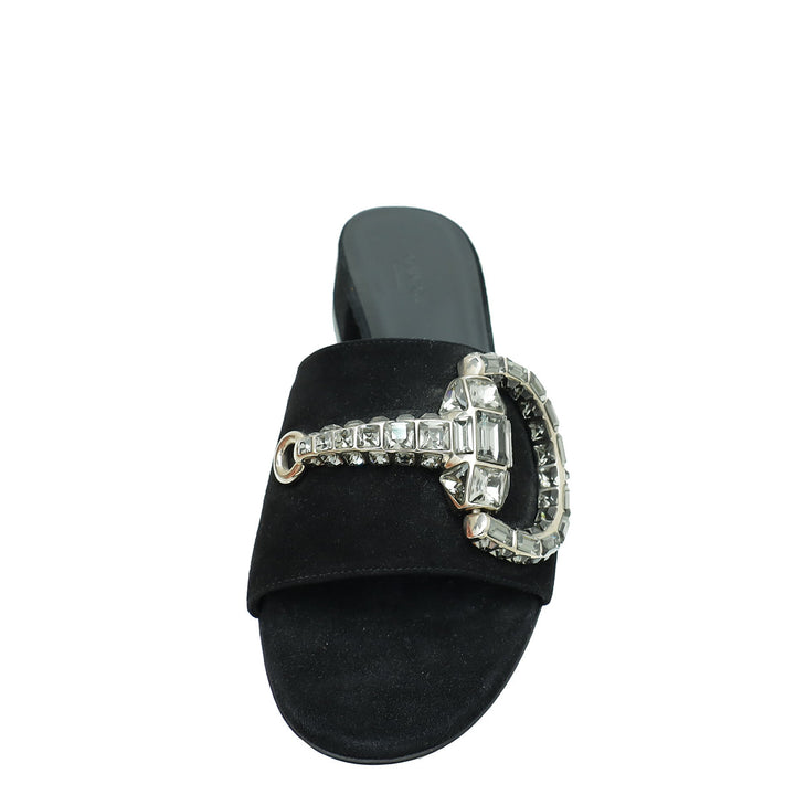 Gucci Black Suede Maxime Crystal Horsebit Slide Sandals 37.5