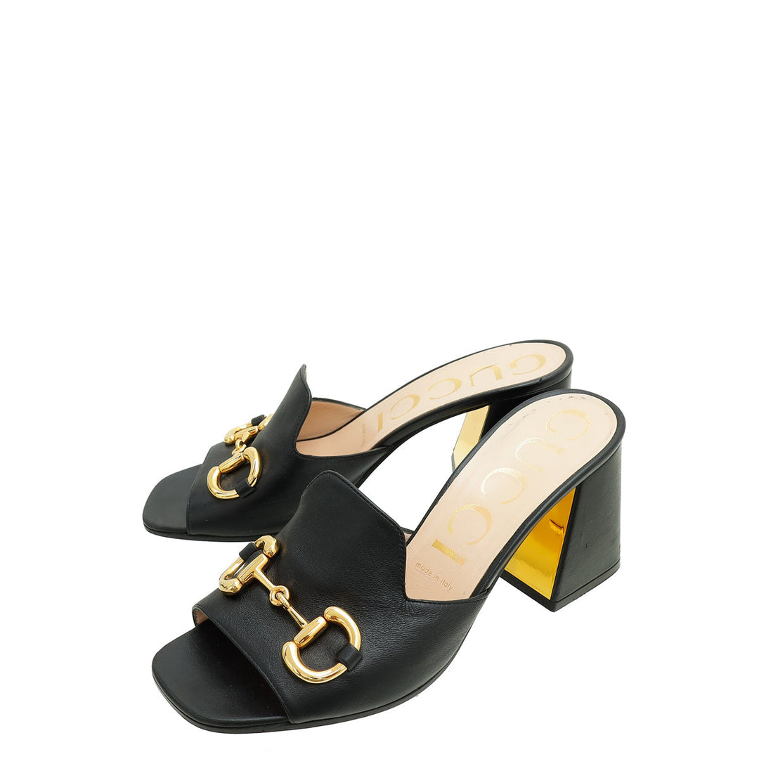 Gucci Black Horsebit Slide Block Heeled Sandals 38.5
