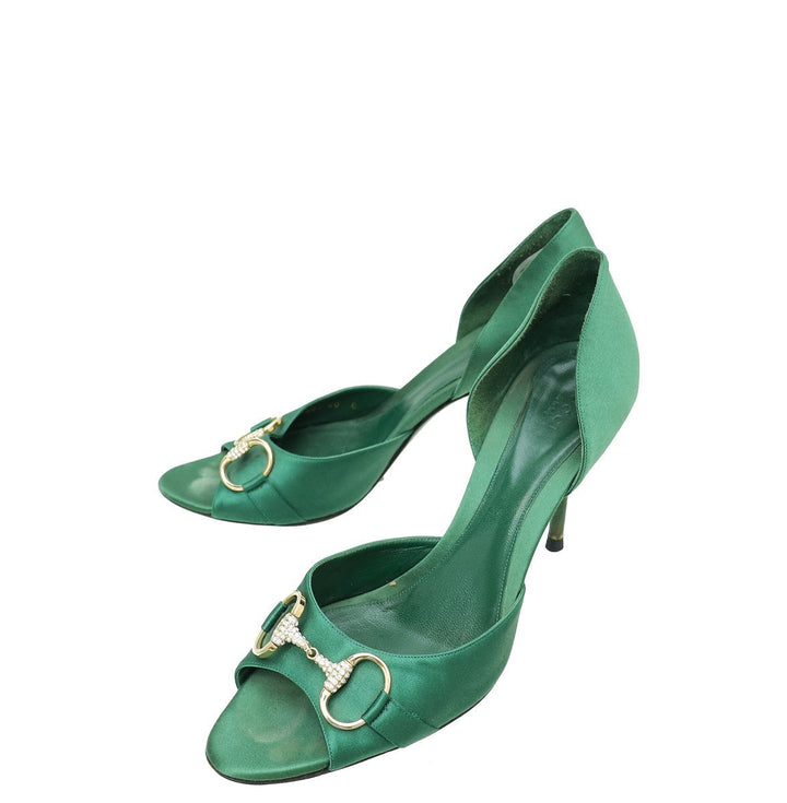 Gucci Green Satin Horsebit Crystal D'Orsay Pumps 40