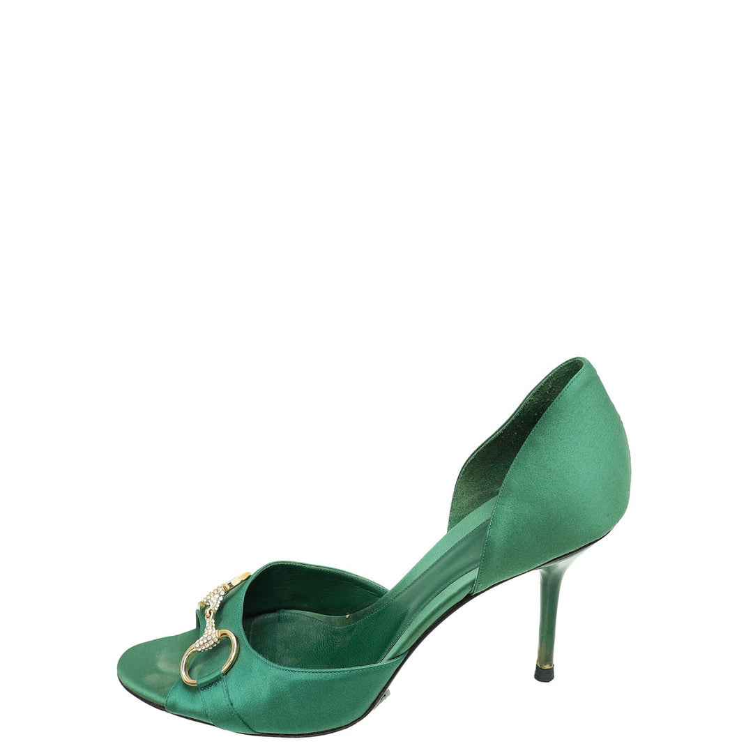 Gucci Green Satin Horsebit Crystal D'Orsay Pumps 40