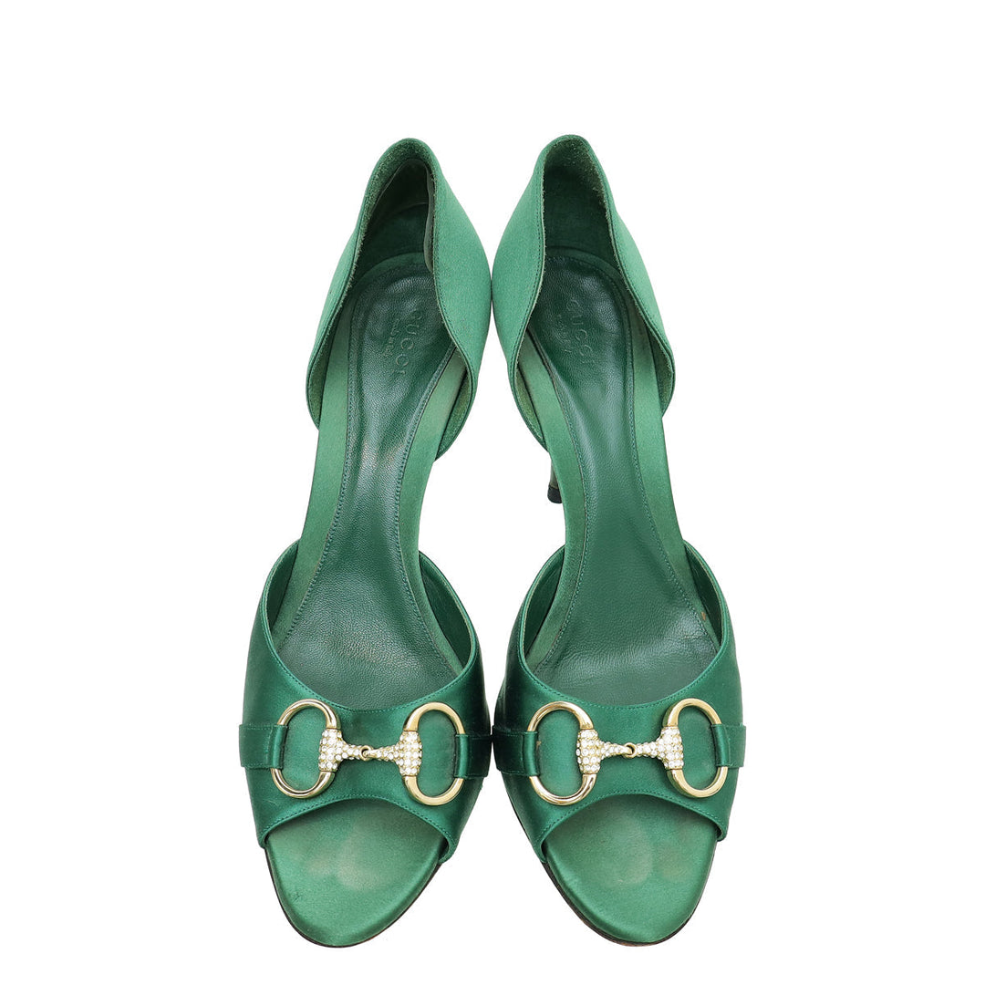 Gucci Green Satin Horsebit Crystal D'Orsay Pumps 40