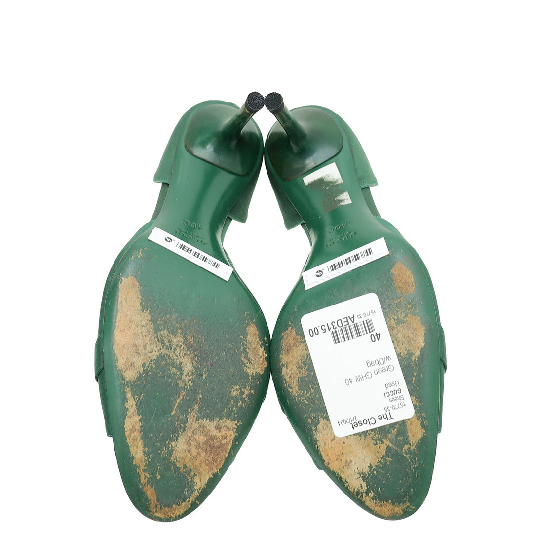 Gucci Green Satin Horsebit Crystal D'Orsay Pumps 40