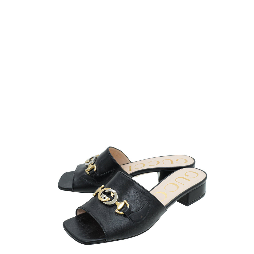 Gucci Black Zumi Horsebit Mid Heel Slide Sandals 35.5