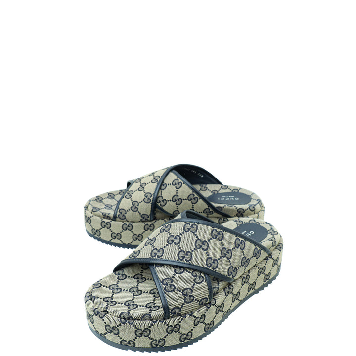Gucci Navy Blue GG Platform 30mm Sandal 38.5