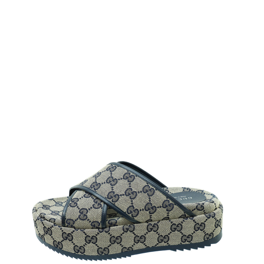 Gucci Navy Blue GG Platform 30mm Sandal 38.5
