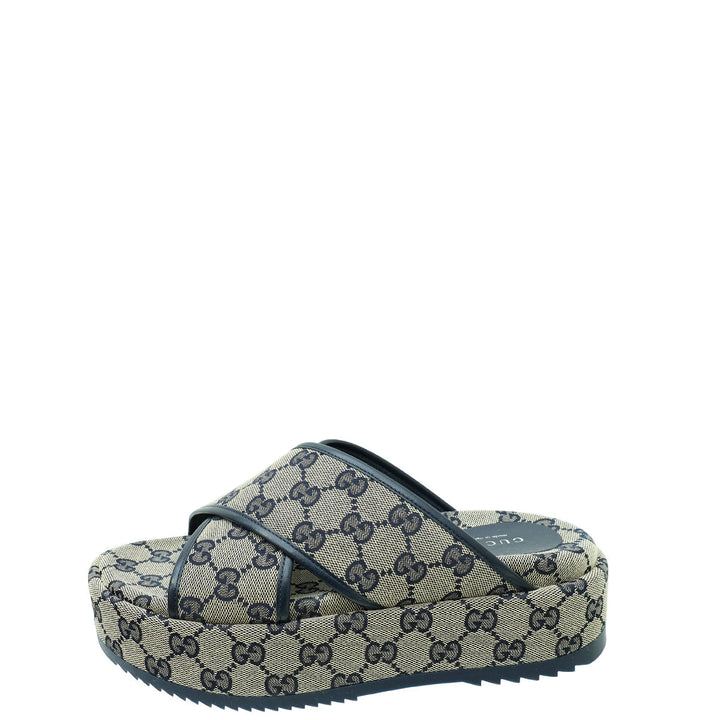 Gucci Navy Blue GG Platform 30mm Sandal 38.5
