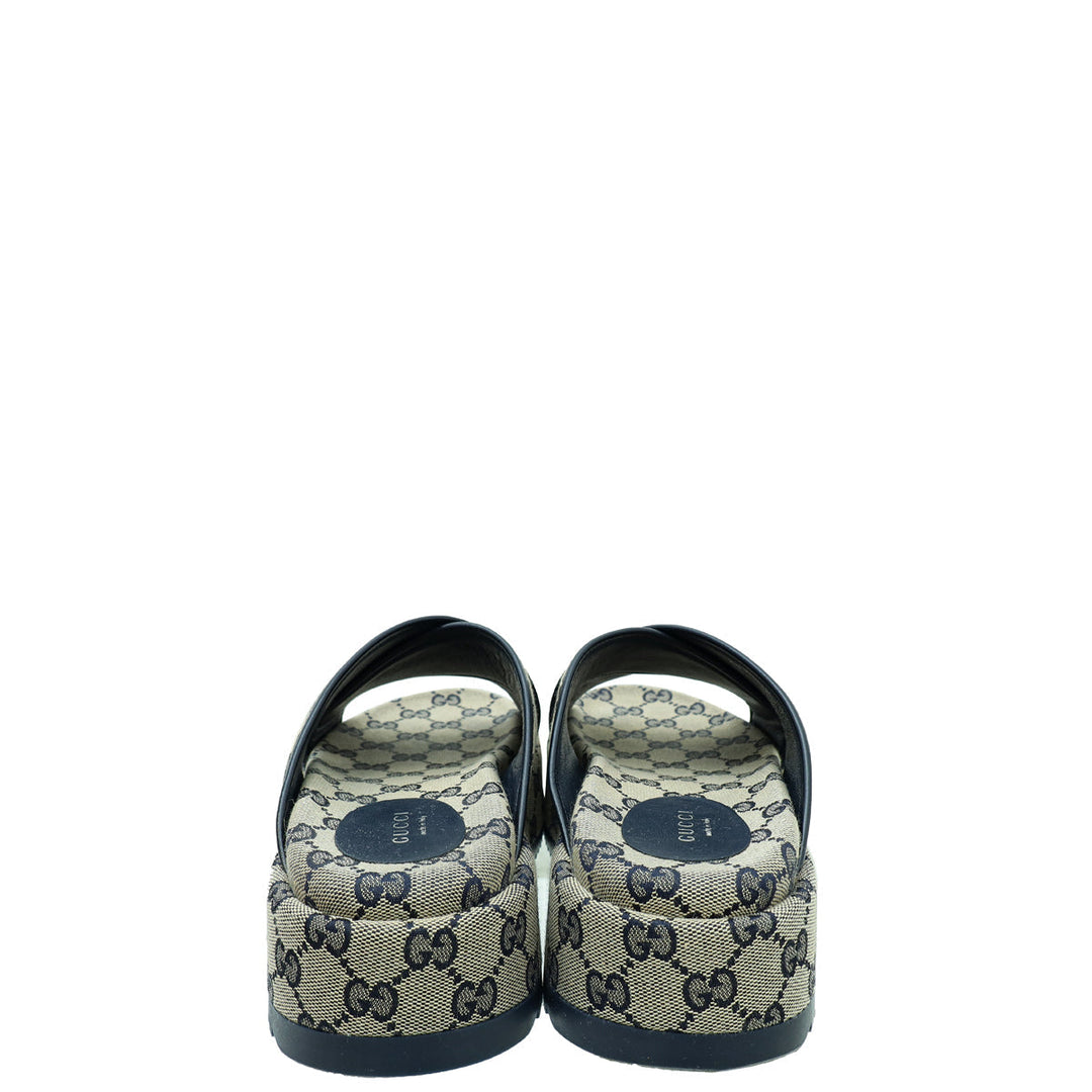 Gucci Navy Blue GG Platform 30mm Sandal 38.5
