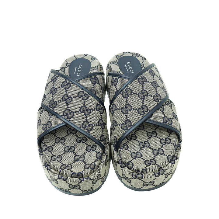 Gucci Navy Blue GG Platform 30mm Sandal 38.5