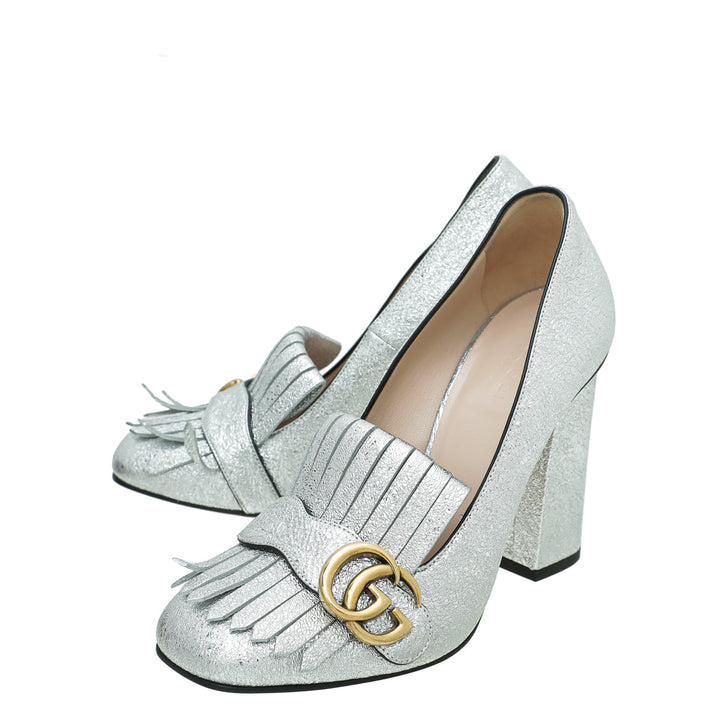 Gucci Silver Metallic Laminate GG Marmont Fringe Loafers Pumps 38