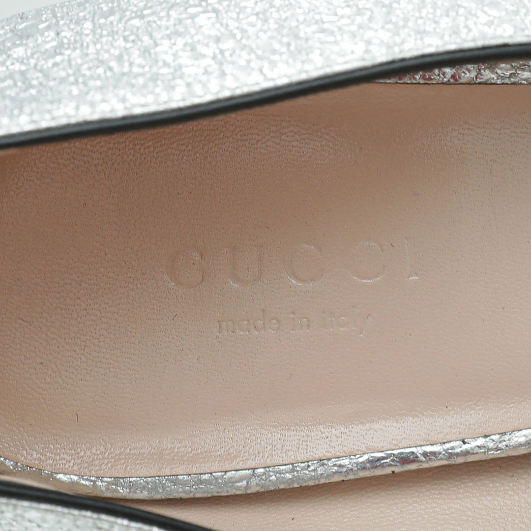 Gucci Silver Metallic Laminate GG Marmont Fringe Loafers Pumps 38