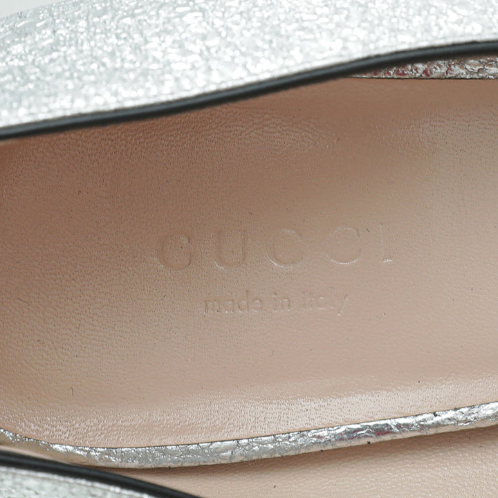 Gucci Silver Metallic Laminate GG Marmont Fringe Loafers Pumps 38