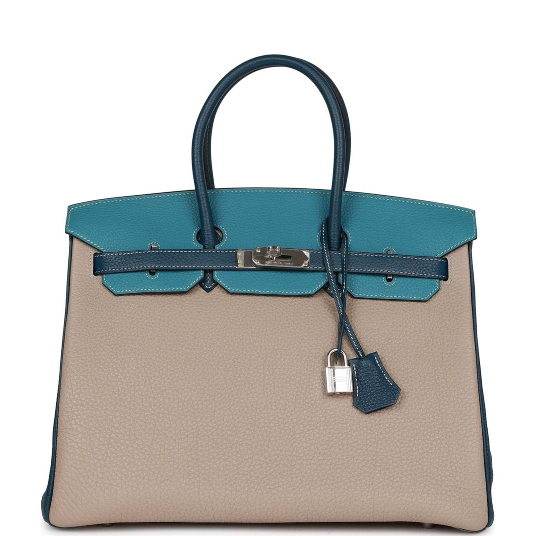 top quality Hermes Special Order (HSS) Birkin 35 Tricolor Gris Tourterelle, Bleu Jean, and Bleu de Malte Clemence Palladium Hardware