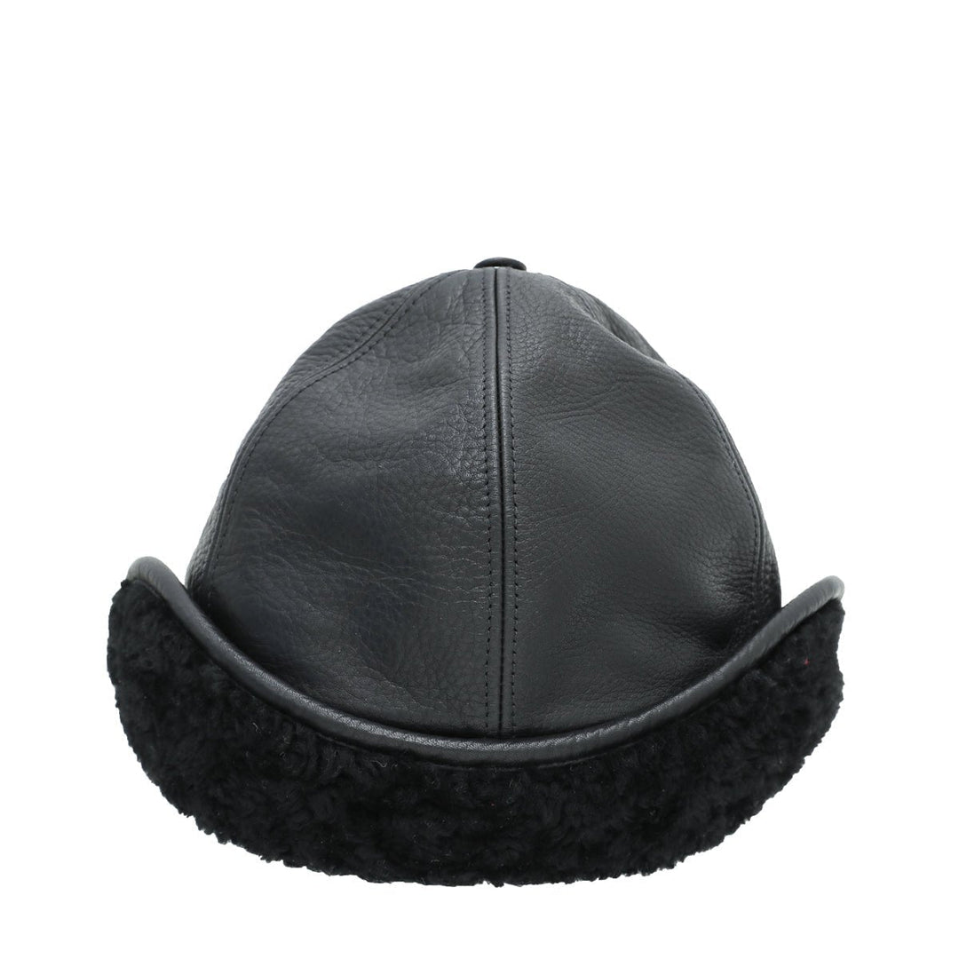 Burberry Black Debossed Shearling Flap Explorer Cap Hat