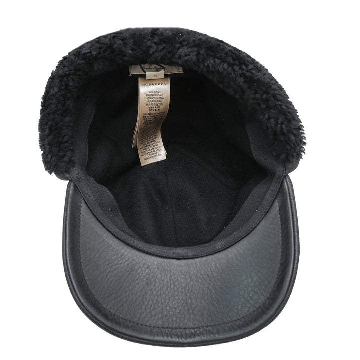 Burberry Black Debossed Shearling Flap Explorer Cap Hat