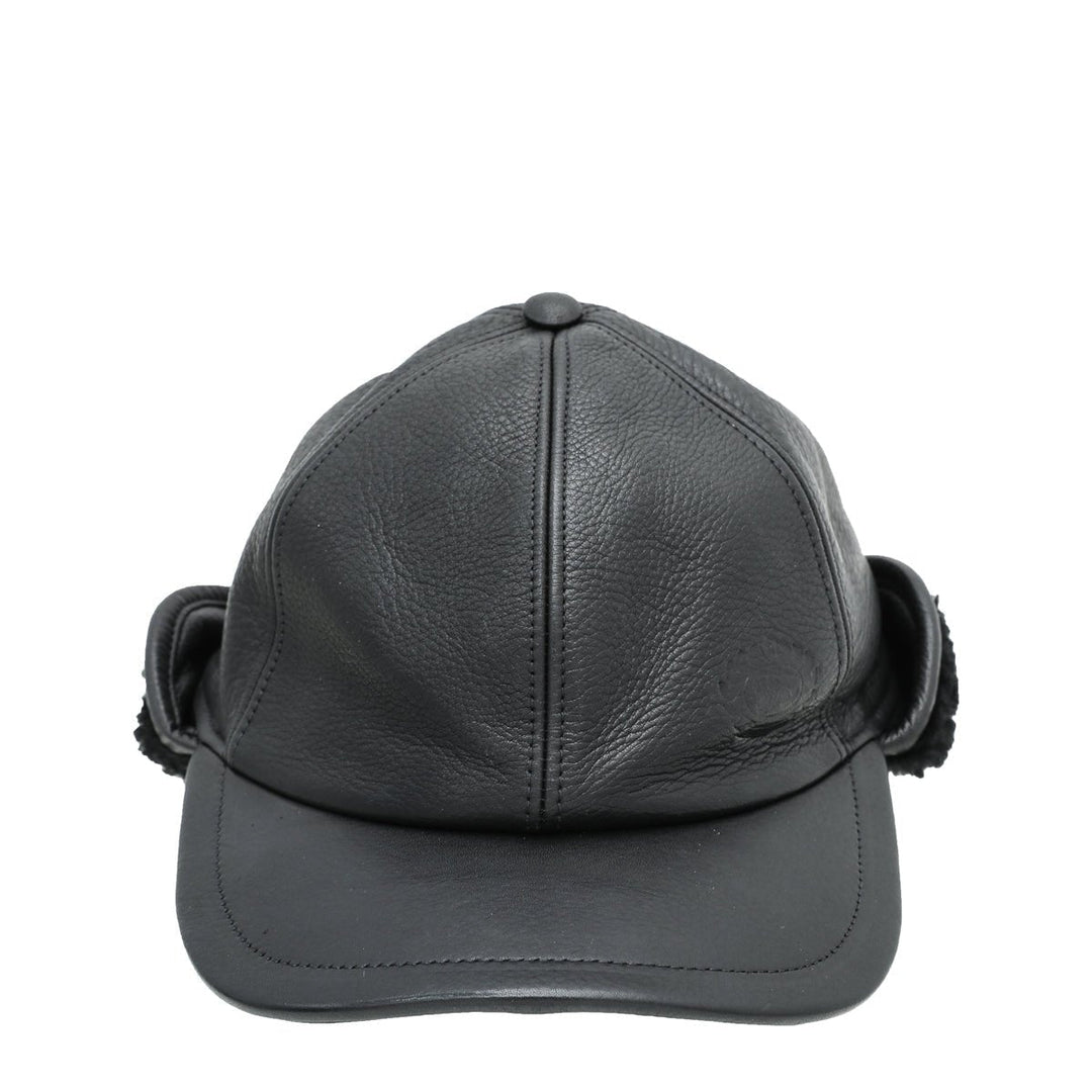 Burberry Black Debossed Shearling Flap Explorer Cap Hat