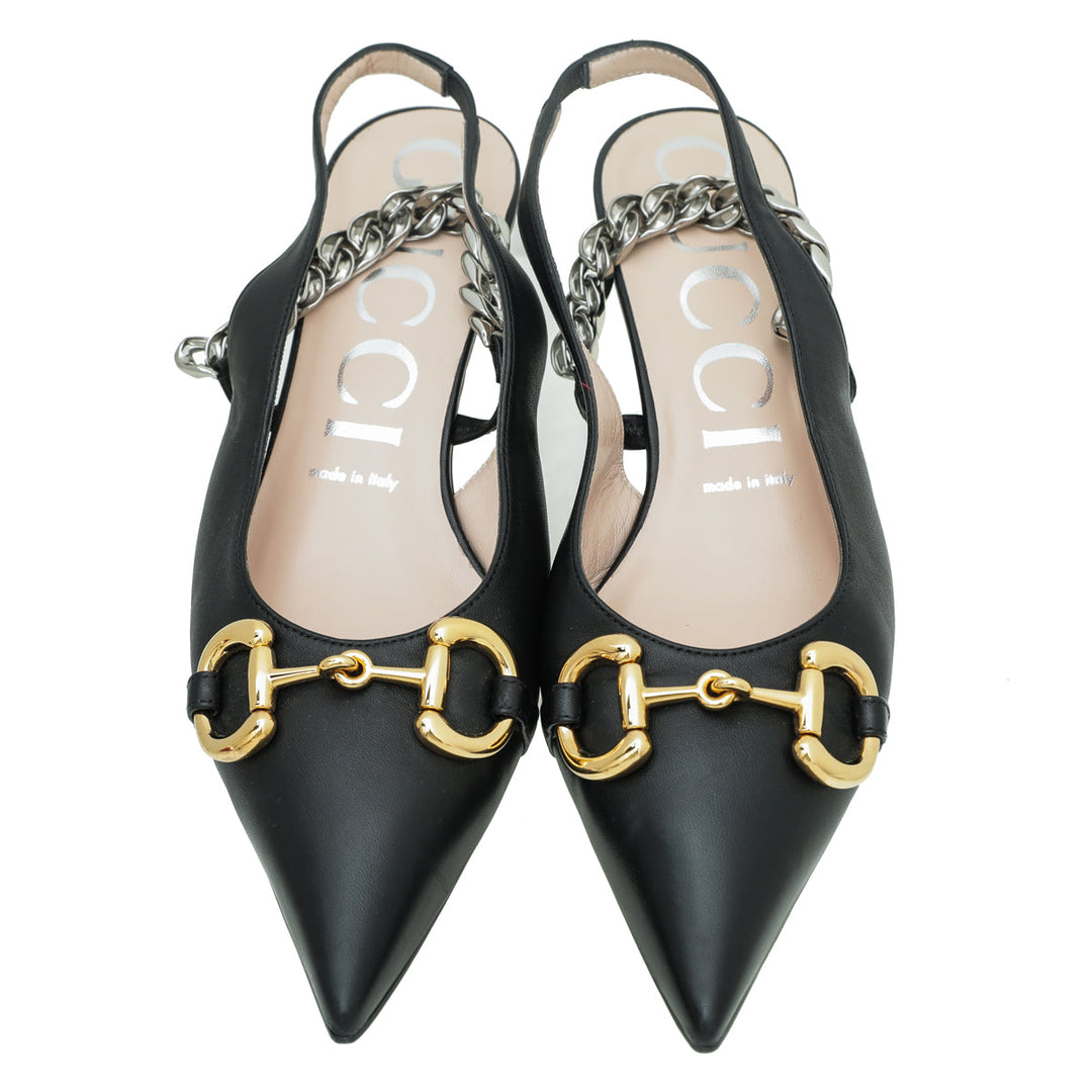 Gucci Black Horsebit & Chain Slingback 39