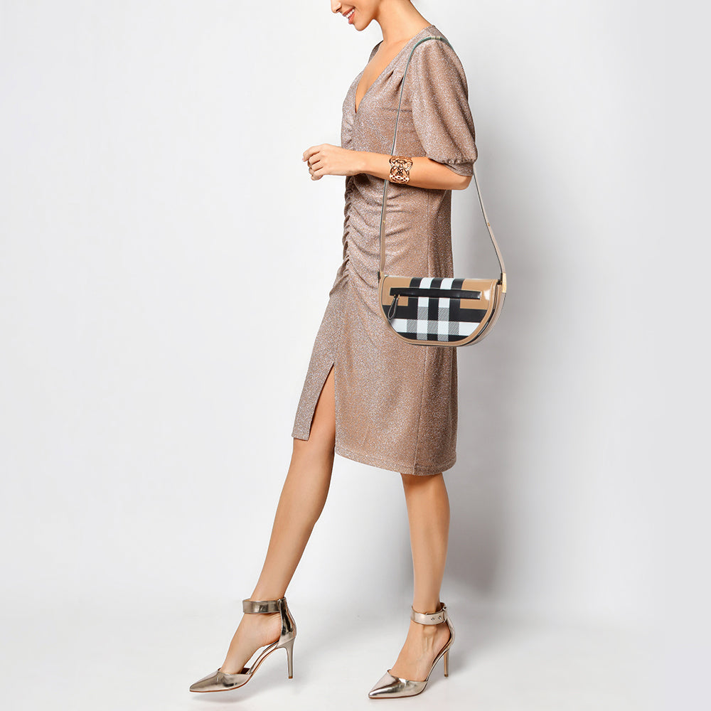 Burberry Beige Check Patent and Leather Small Olympia Shoulder Bag