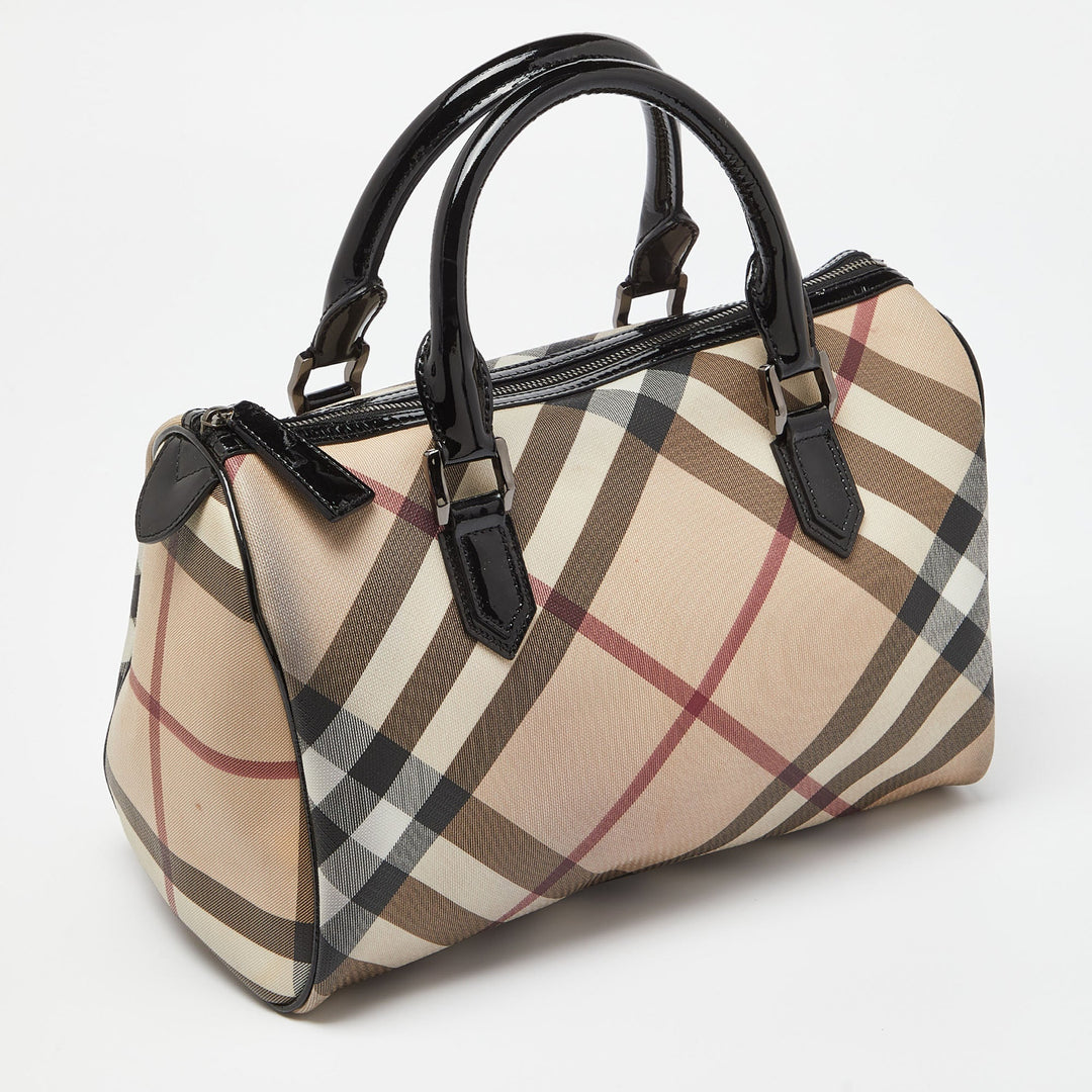 BURBERRY Beige/Black Nova Check PVC and Patent Leather Chester Boston Bag