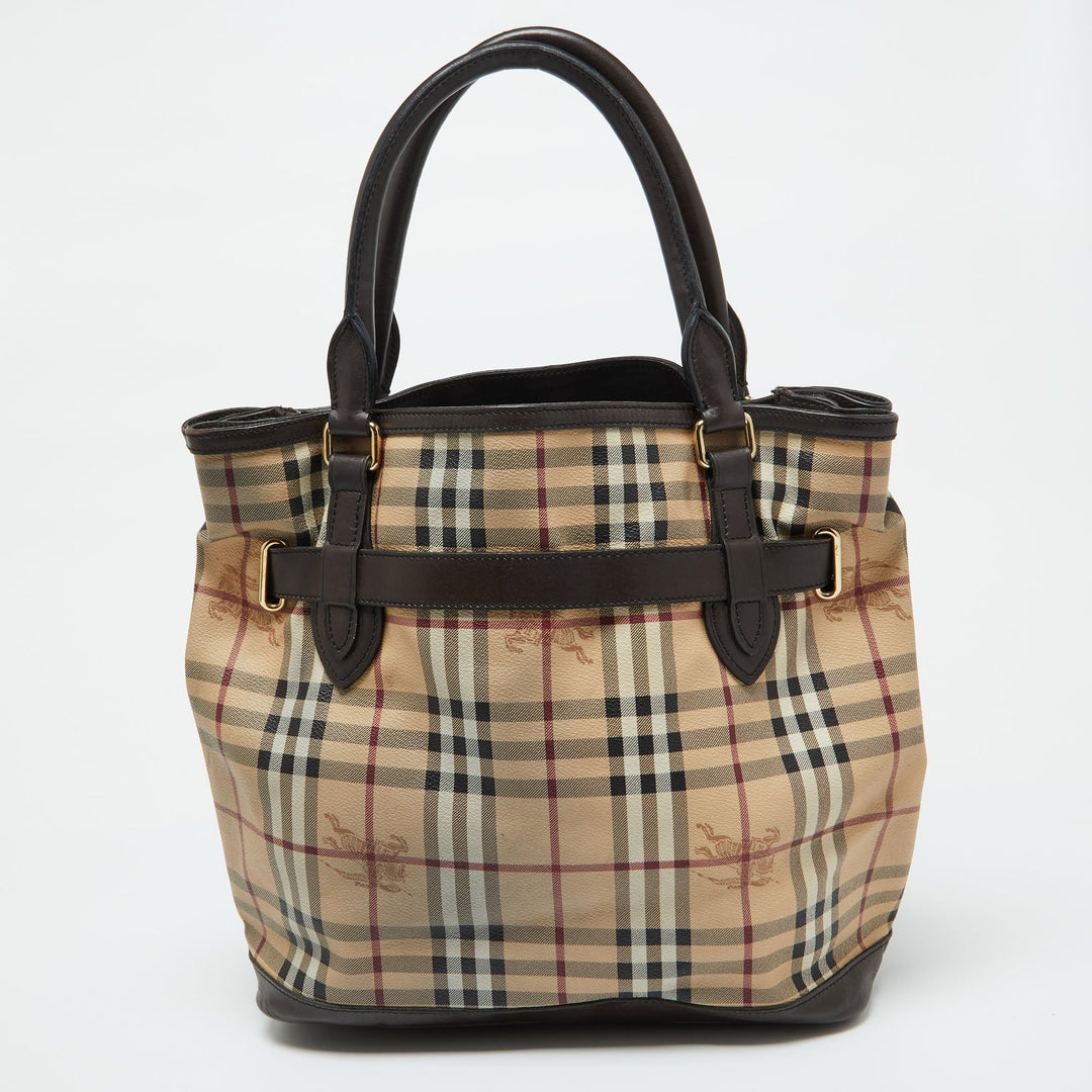 Burberry Beige/Brown Haymarket Check PVC and Leather Medium Golderton Tote