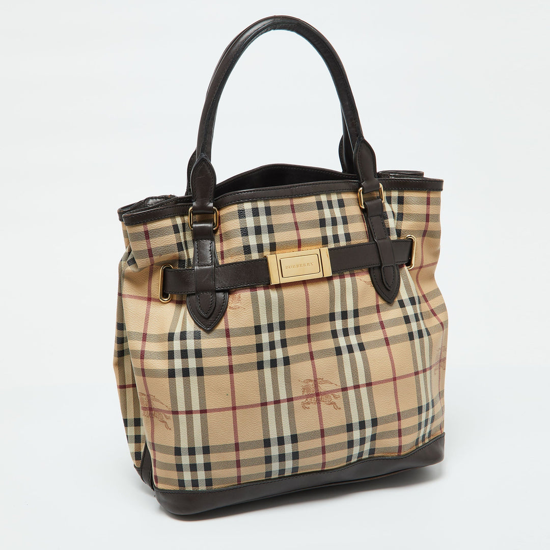 Burberry Beige/Brown Haymarket Check PVC and Leather Medium Golderton Tote