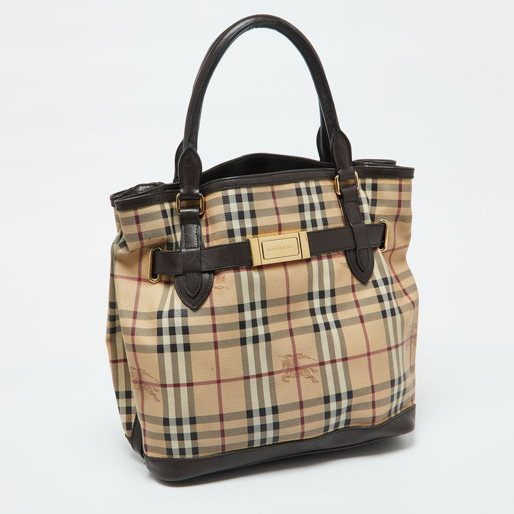 Burberry Beige/Brown Haymarket Check PVC and Leather Medium Golderton Tote