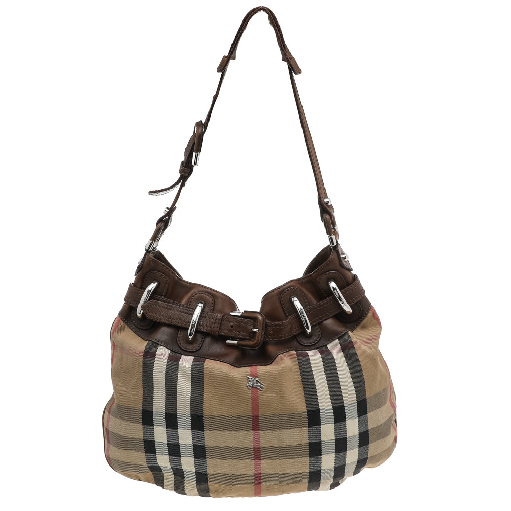 Burberry Beige/Brown Leather And Nova Check Canvas Hobo