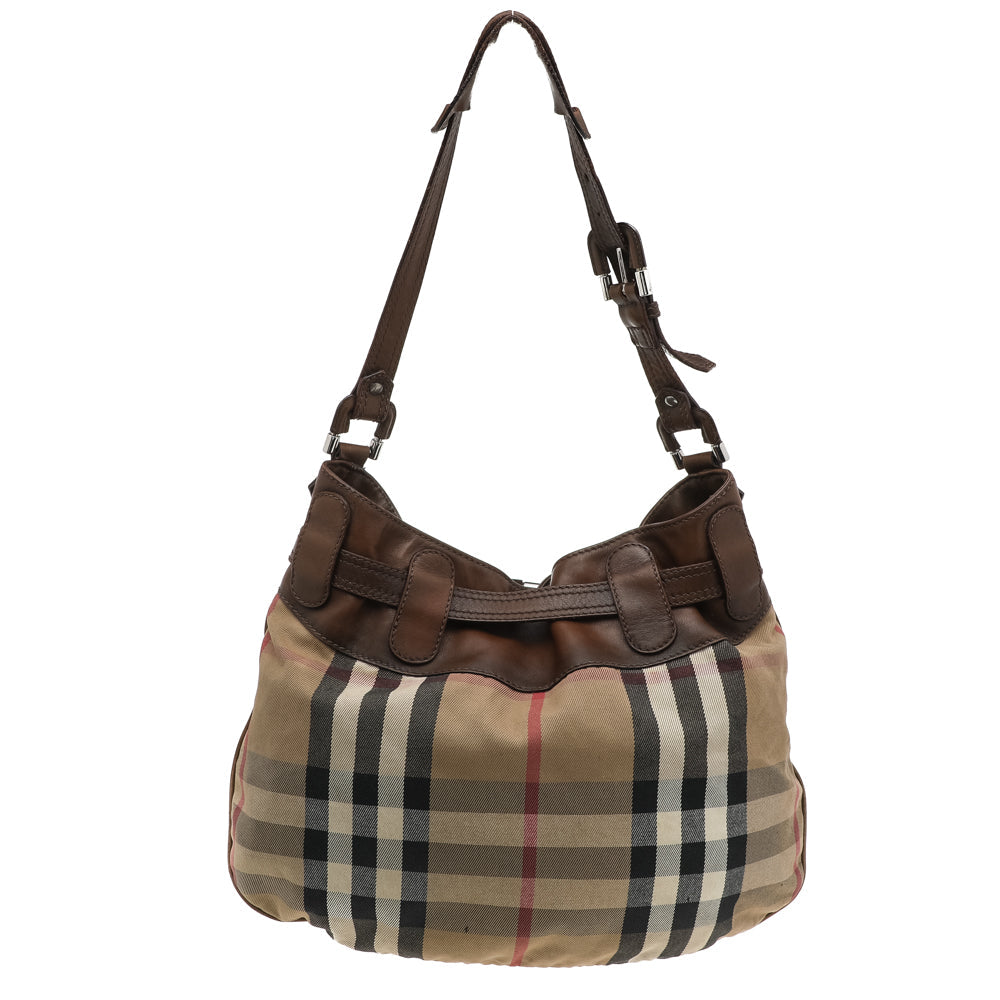 Burberry Beige/Brown Leather And Nova Check Canvas Hobo