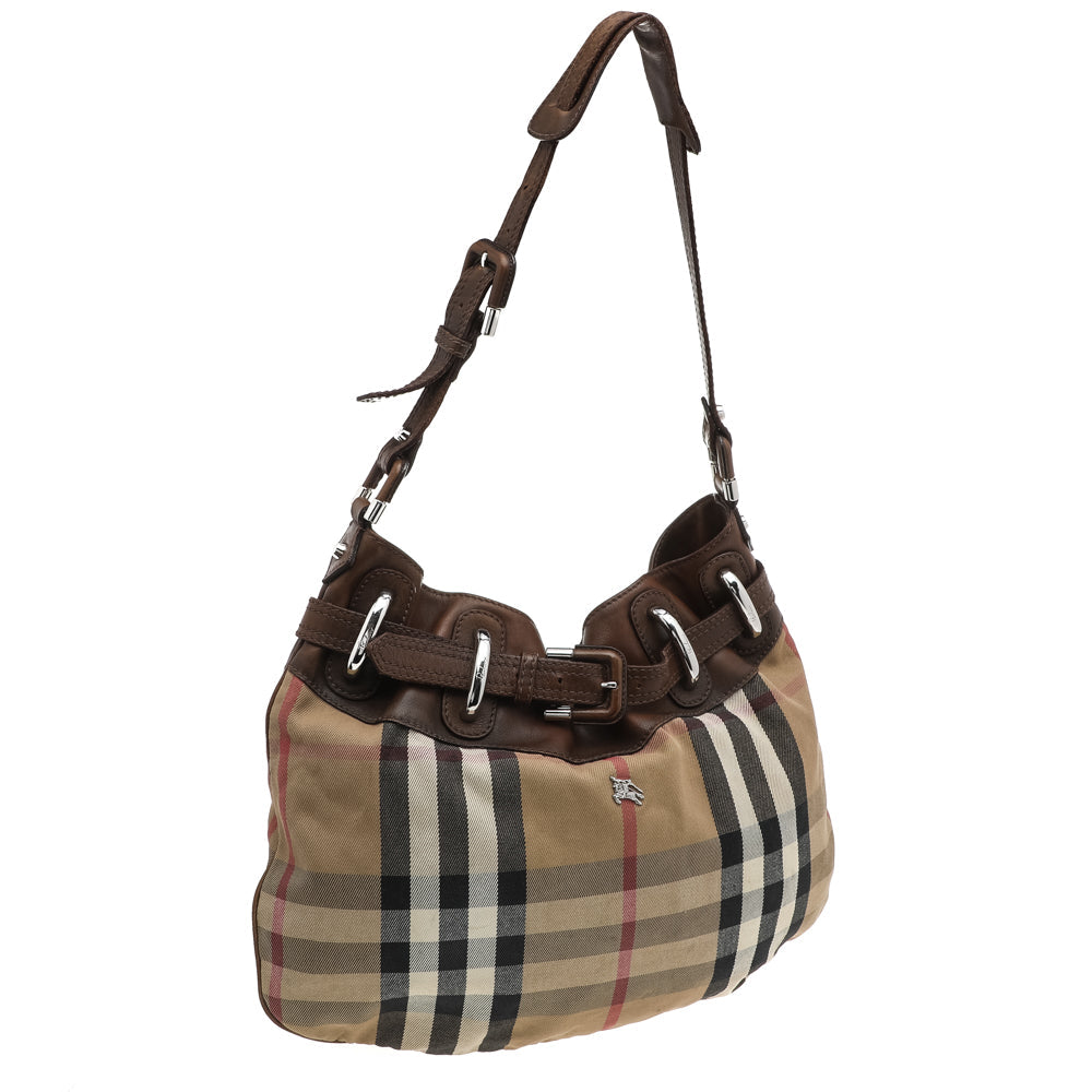 Burberry Beige/Brown Leather And Nova Check Canvas Hobo