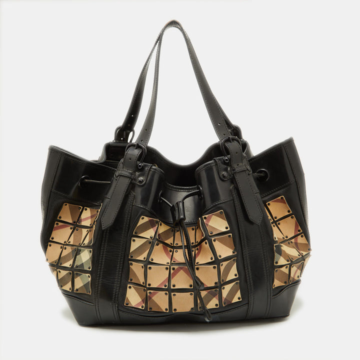 BURBERRY Beige/Black Nova Check Coated Canvas and Patent Leather Warrior Tote