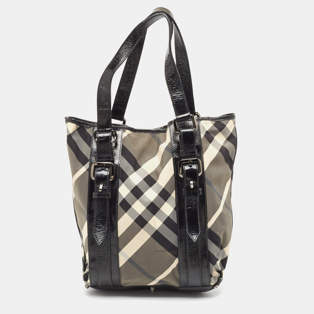Burberry Black Beat Check Nylon and Patent Leather Victoria Tote