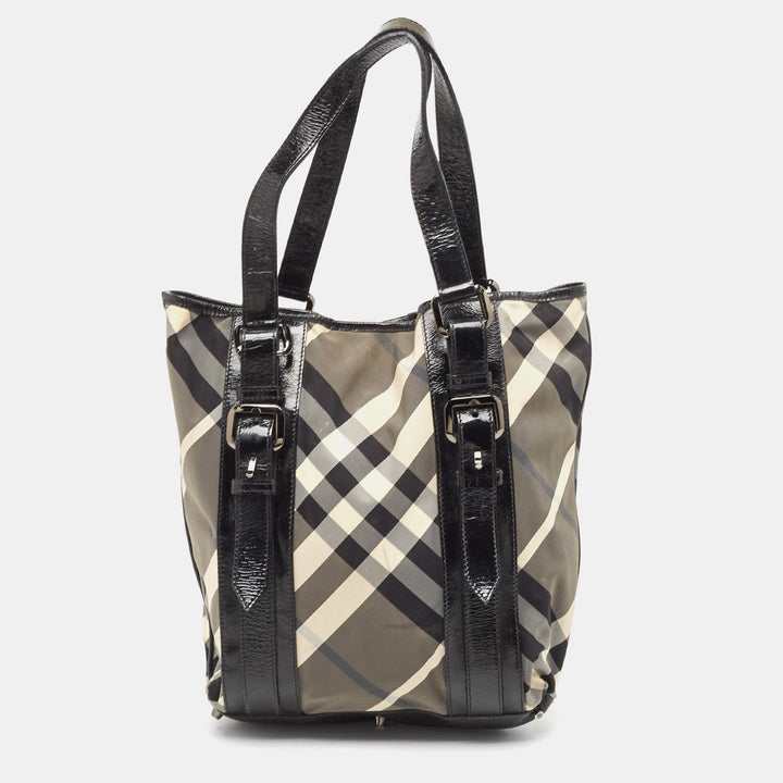 Burberry Black Beat Check Nylon and Patent Leather Victoria Tote