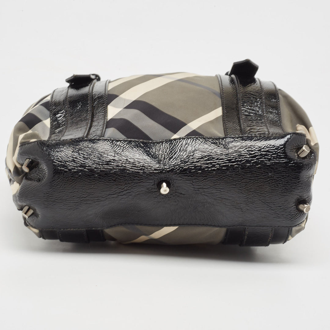 Burberry Black Beat Check Nylon and Patent Leather Victoria Tote
