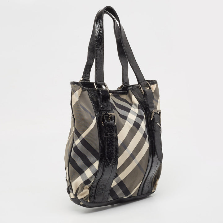 Burberry Black Beat Check Nylon and Patent Leather Victoria Tote