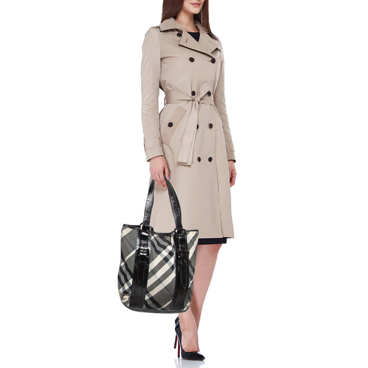 Burberry Black Beat Check Nylon and Patent Leather Victoria Tote