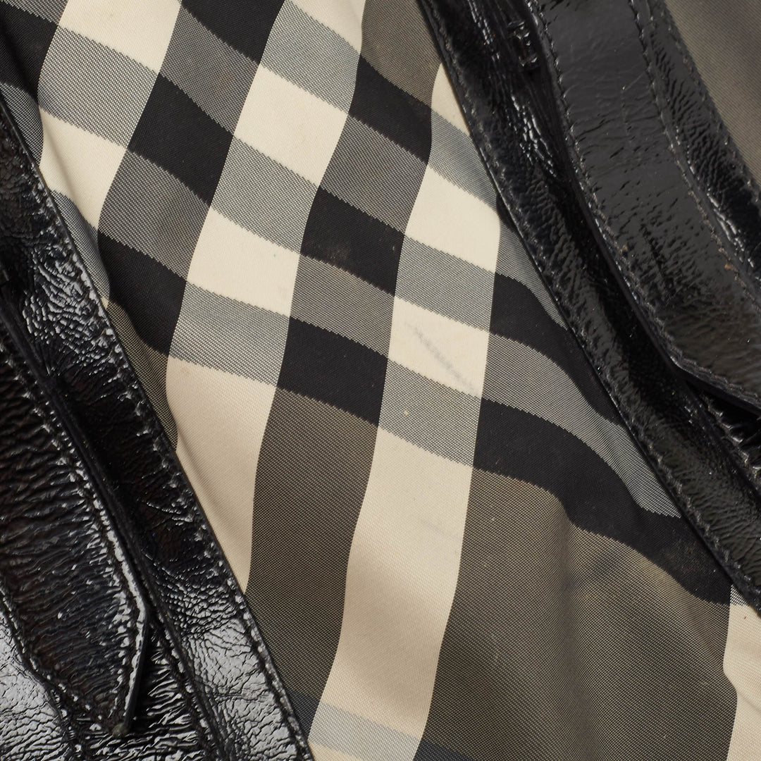 Burberry Black Beat Check Nylon and Patent Leather Victoria Tote